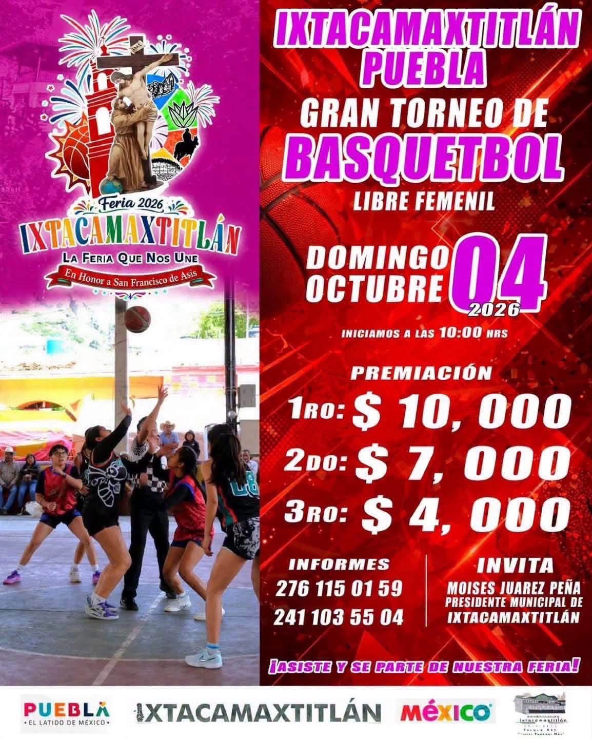Cartel del torneo Gran Torneo de Básquetbol Libre Femenil Feria 2026 - Ixtacamaxtitlán, Puebla