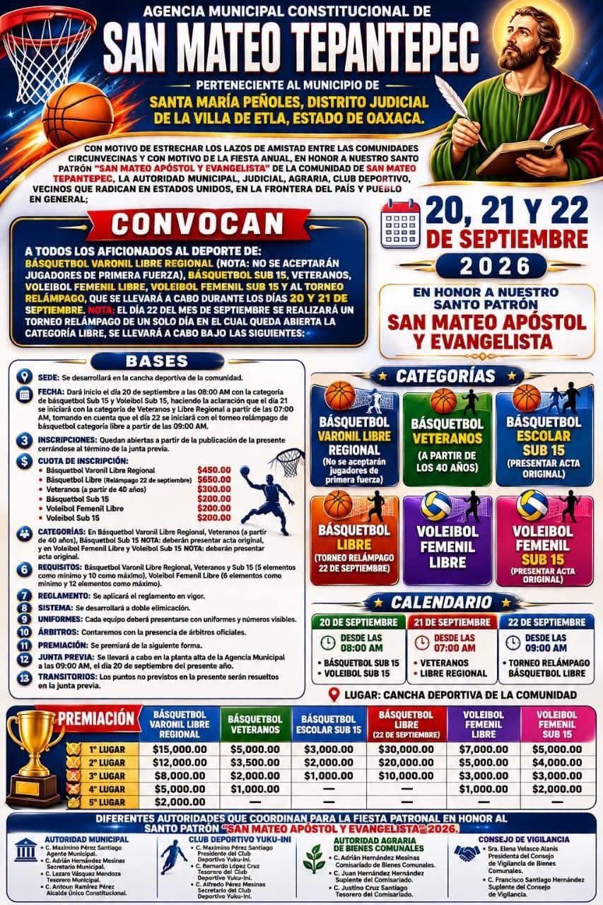 Cartel del torneo Torneo de Básquetbol Fiesta Patronal San Mateo Apóstol - San Mateo Tepantepec, Oaxaca