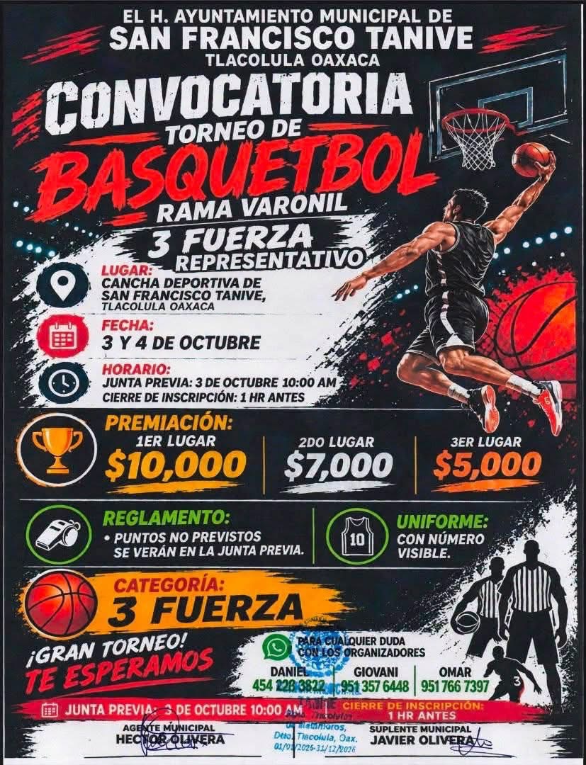 Cartel del torneo Torneo de Básquetbol 3ª Fuerza Representativo - San Francisco Tanivet, Oaxaca