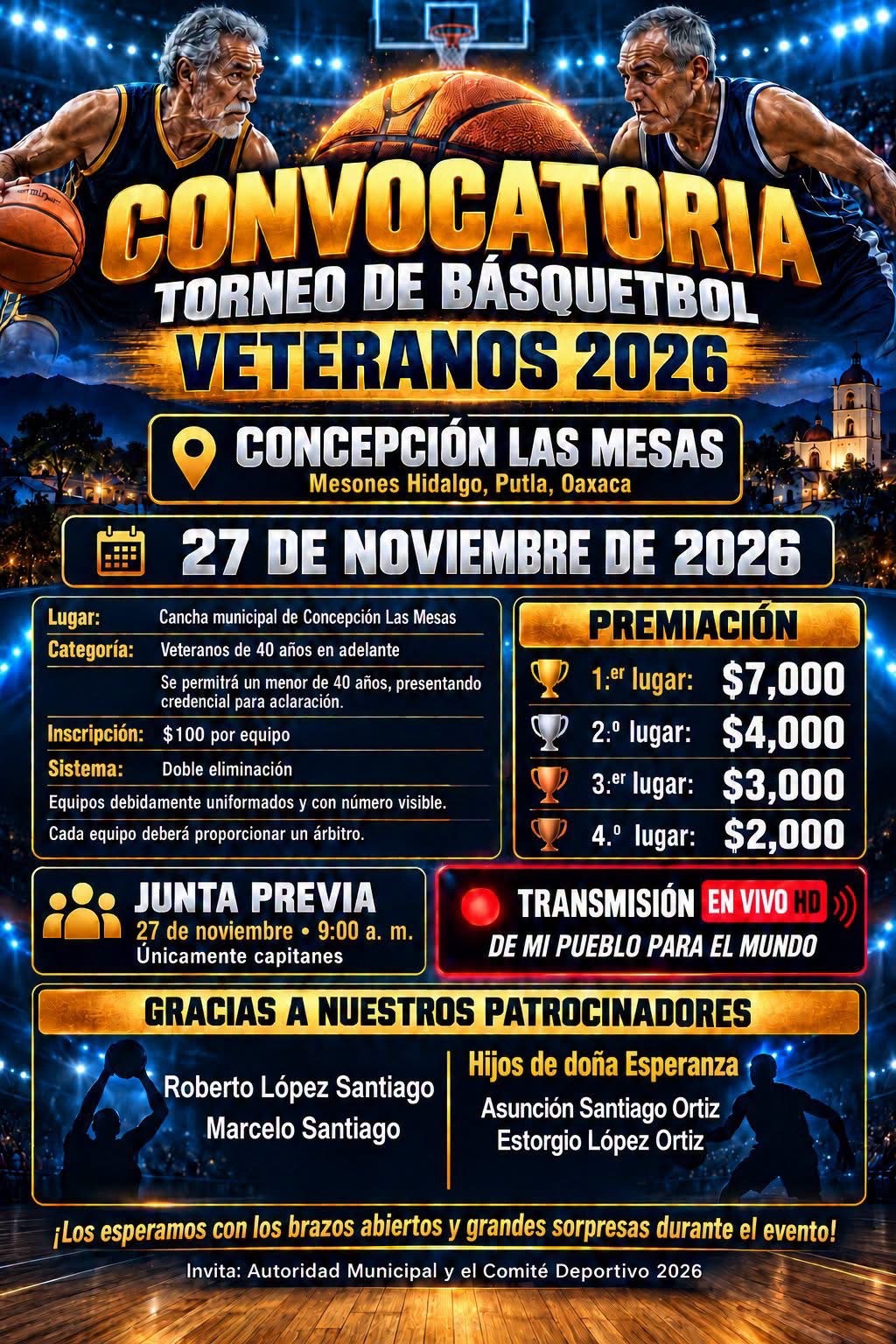 Cartel del torneo Torneo de Básquetbol Veteranos 2026 - Concepción las Mesas, Mesones Hidalgo, Oaxaca