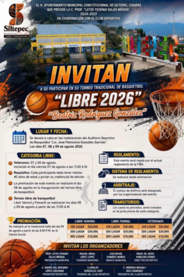 Cartel del torneo Torneo Tradicional de Basquetbol 2026 - Siltepec, Chiapas