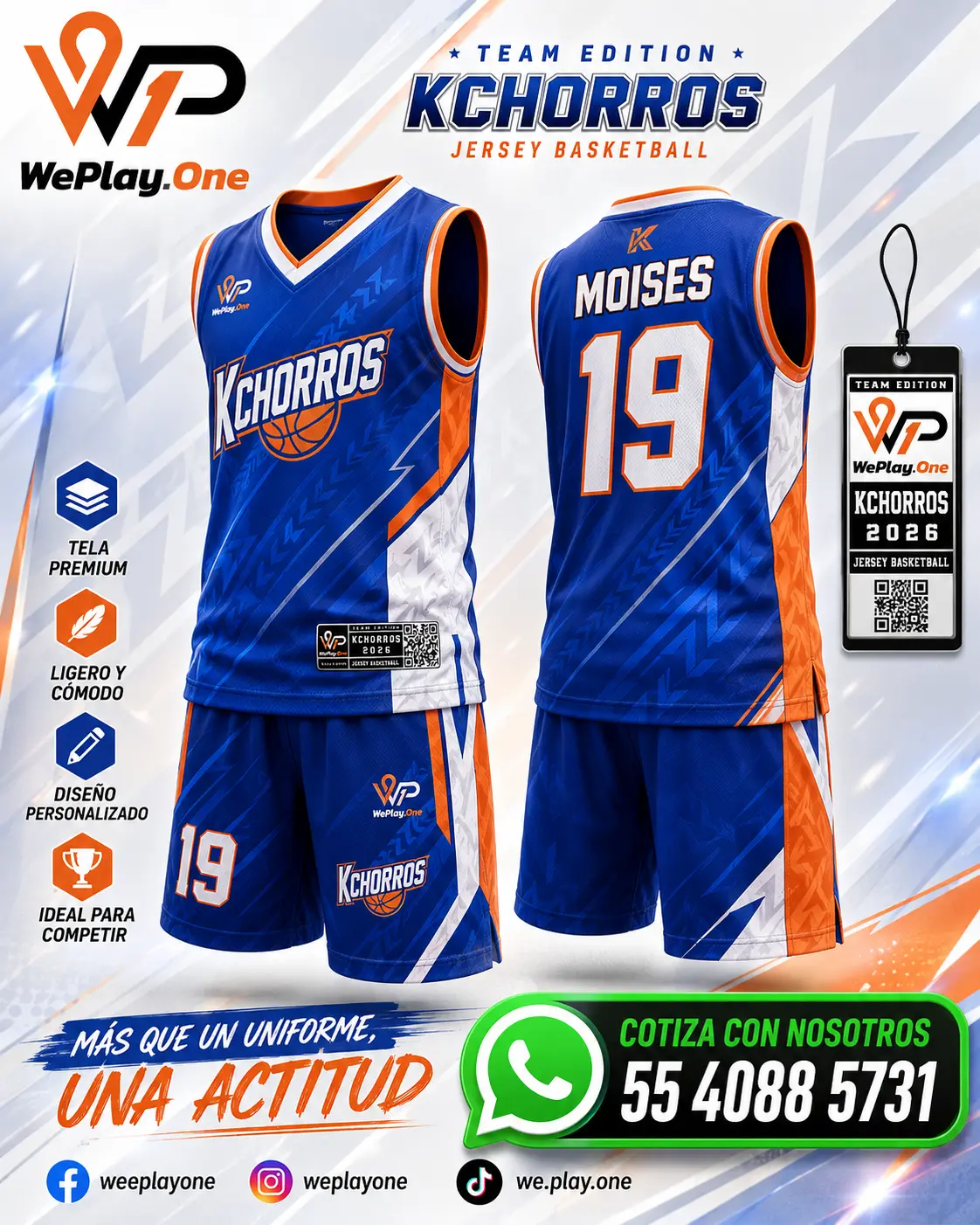Mockup del uniforme Kchorros - azul, blanco y naranja de basquetbol