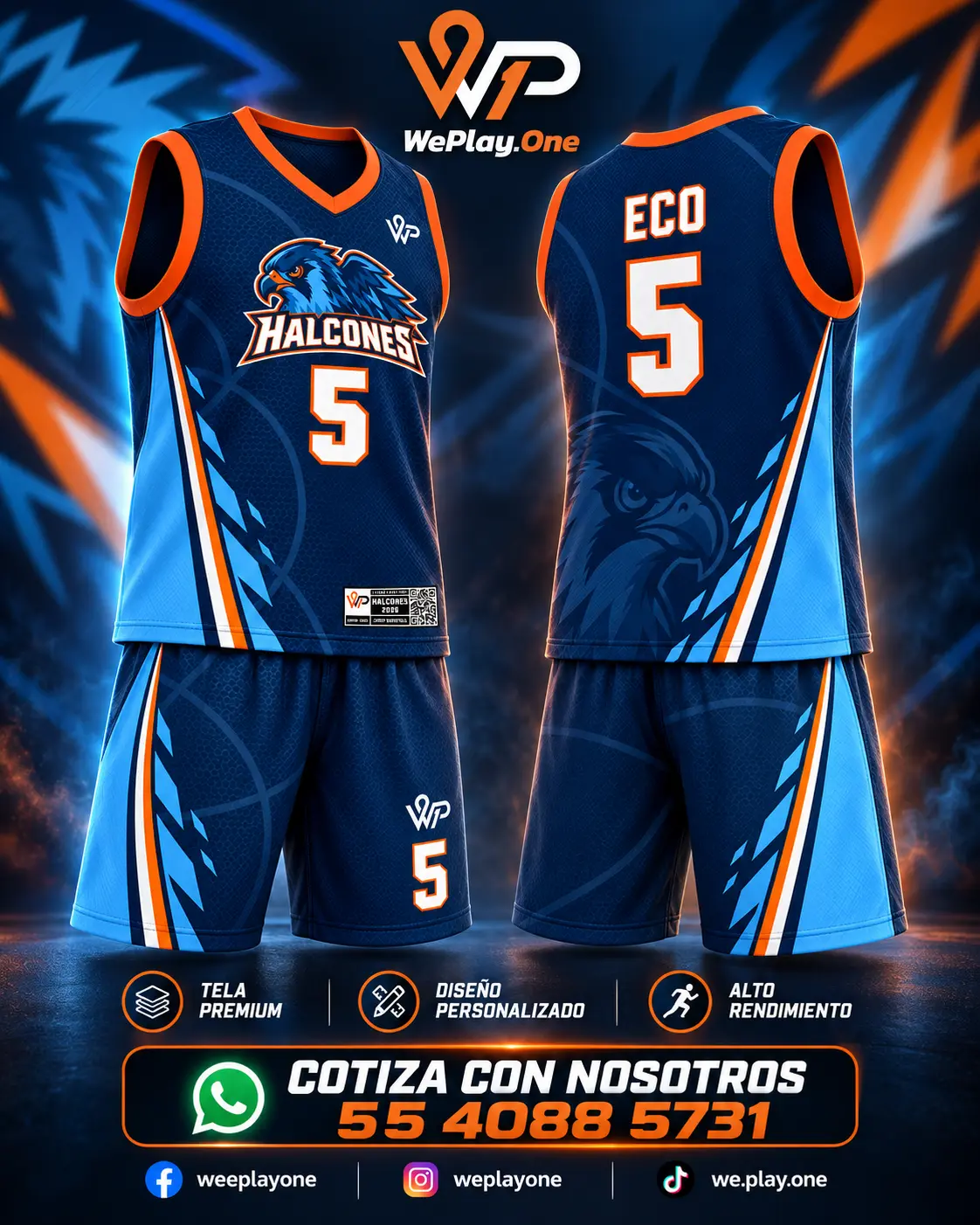 Mockup del uniforme Halcones - Azul y naranja de básquetbol