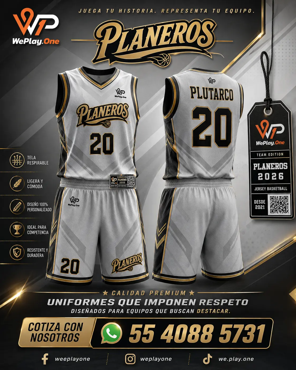 Mockup del uniforme Planeros - Gris, negro y dorado de basquetbol