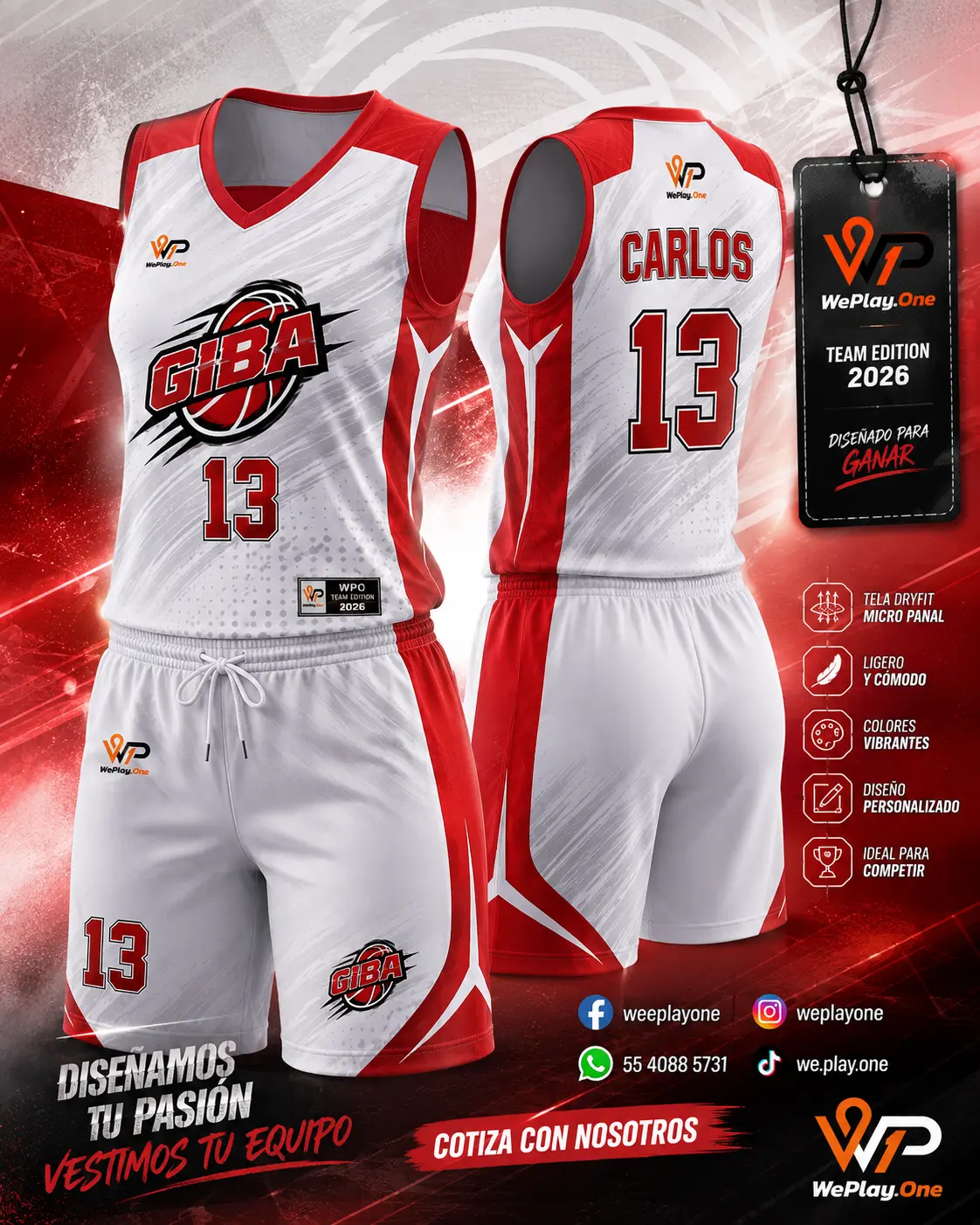 Mockup del uniforme GIBA - Blanco y rojo de basquetbol
