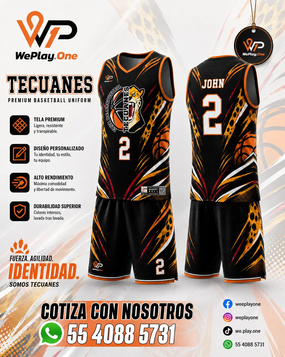 Mockup del uniforme Tecuanes - Negro, naranja y blanco de basquetbol