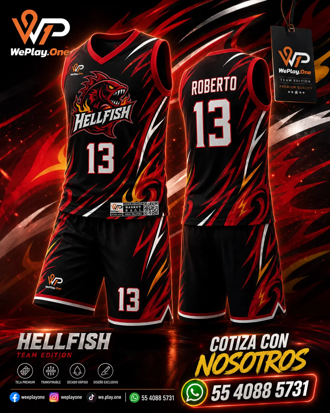 Mockup del uniforme Hell Fish - Negro, rojo y amarillo de basquetbol