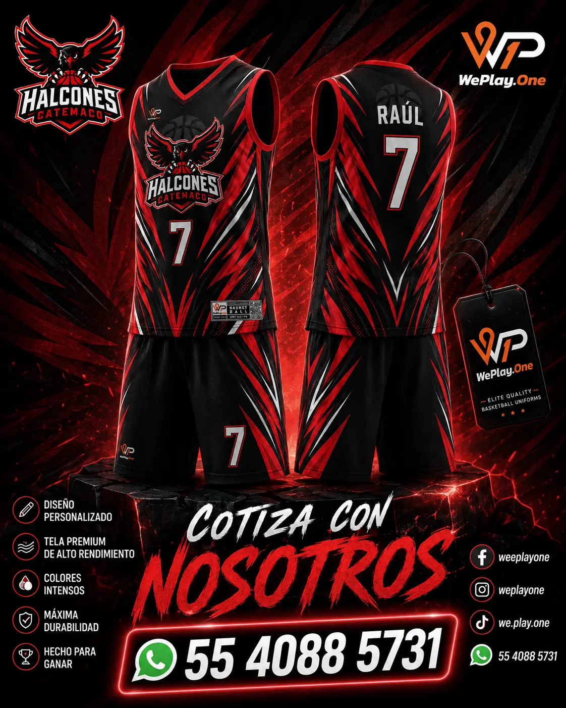 Mockup del uniforme Halcones Catemaco - Negro, rojo y blanco de basquetbol