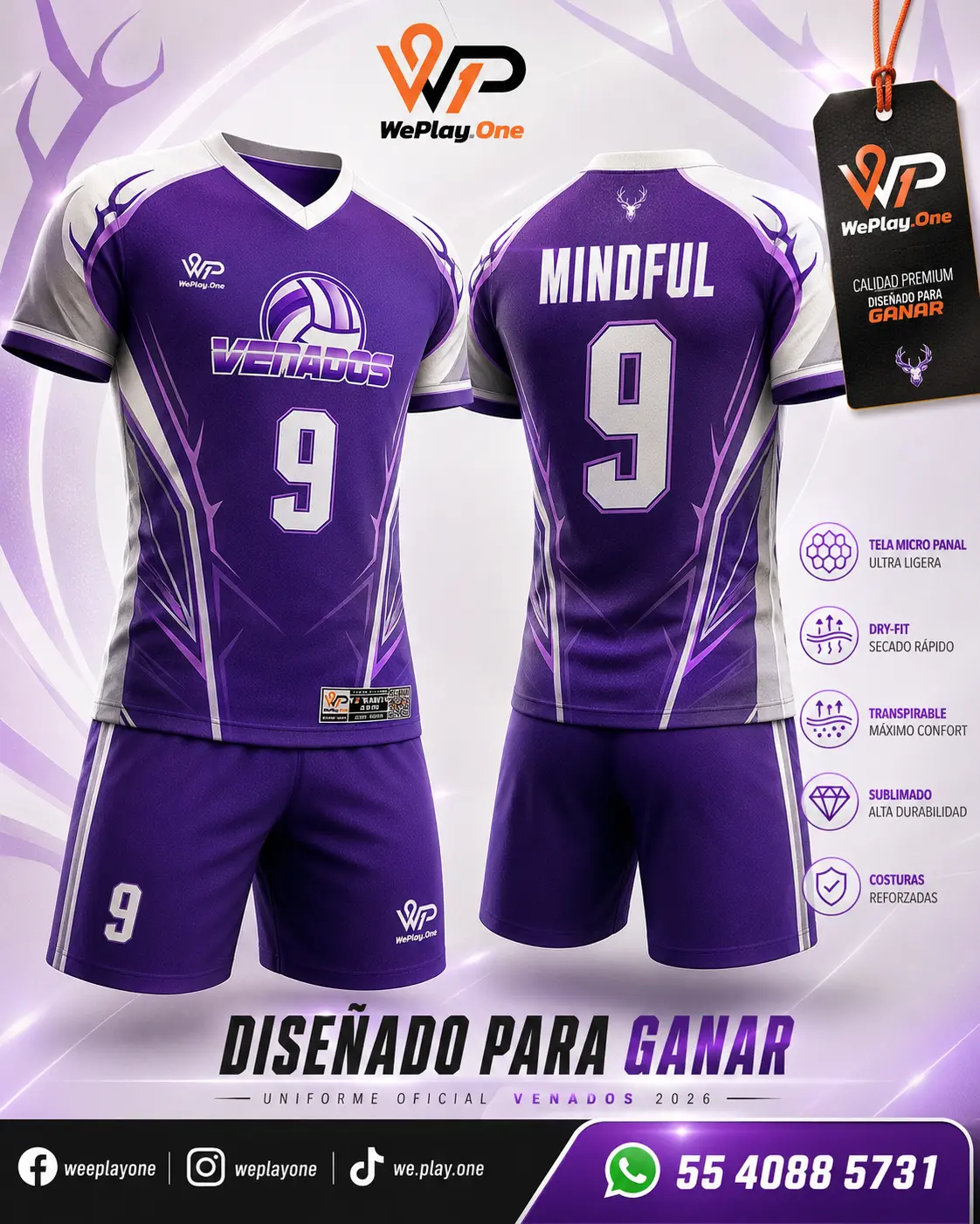 Mockup del uniforme Venados - Morado y blanco de voleibol