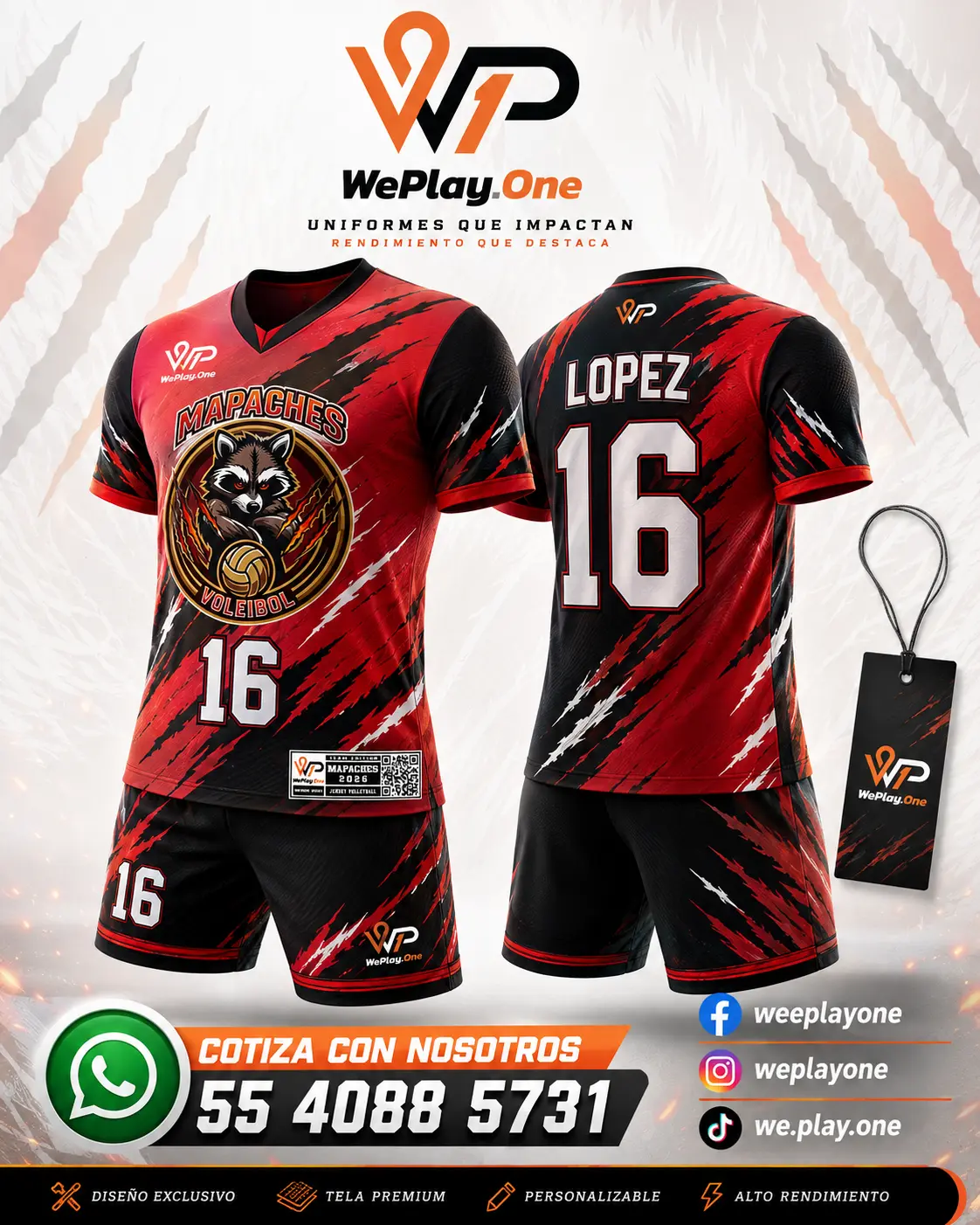 Mockup del uniforme Mapaches - Rojo y negro de voleibol