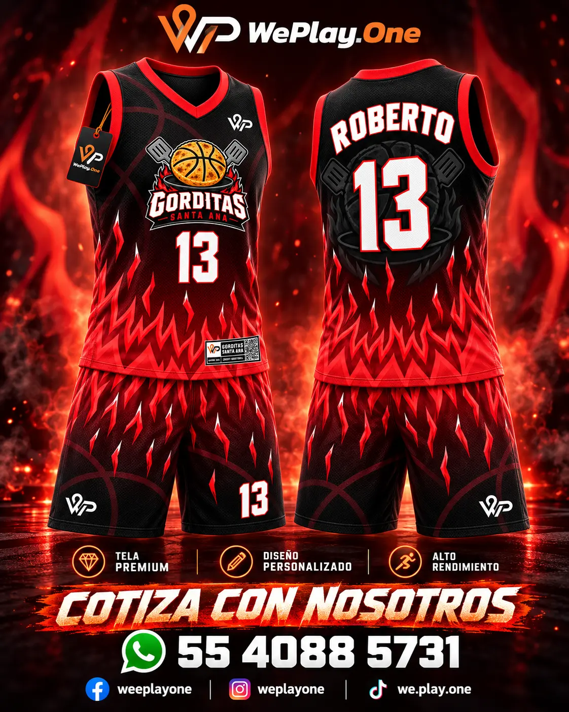 Mockup del uniforme Gorditas Santa Ana - Negro, rojo y blanco de básquetbol