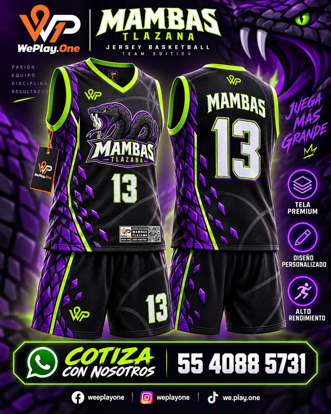 Mockup del uniforme Mambas Tlazana - Negro y morado de básquetbol