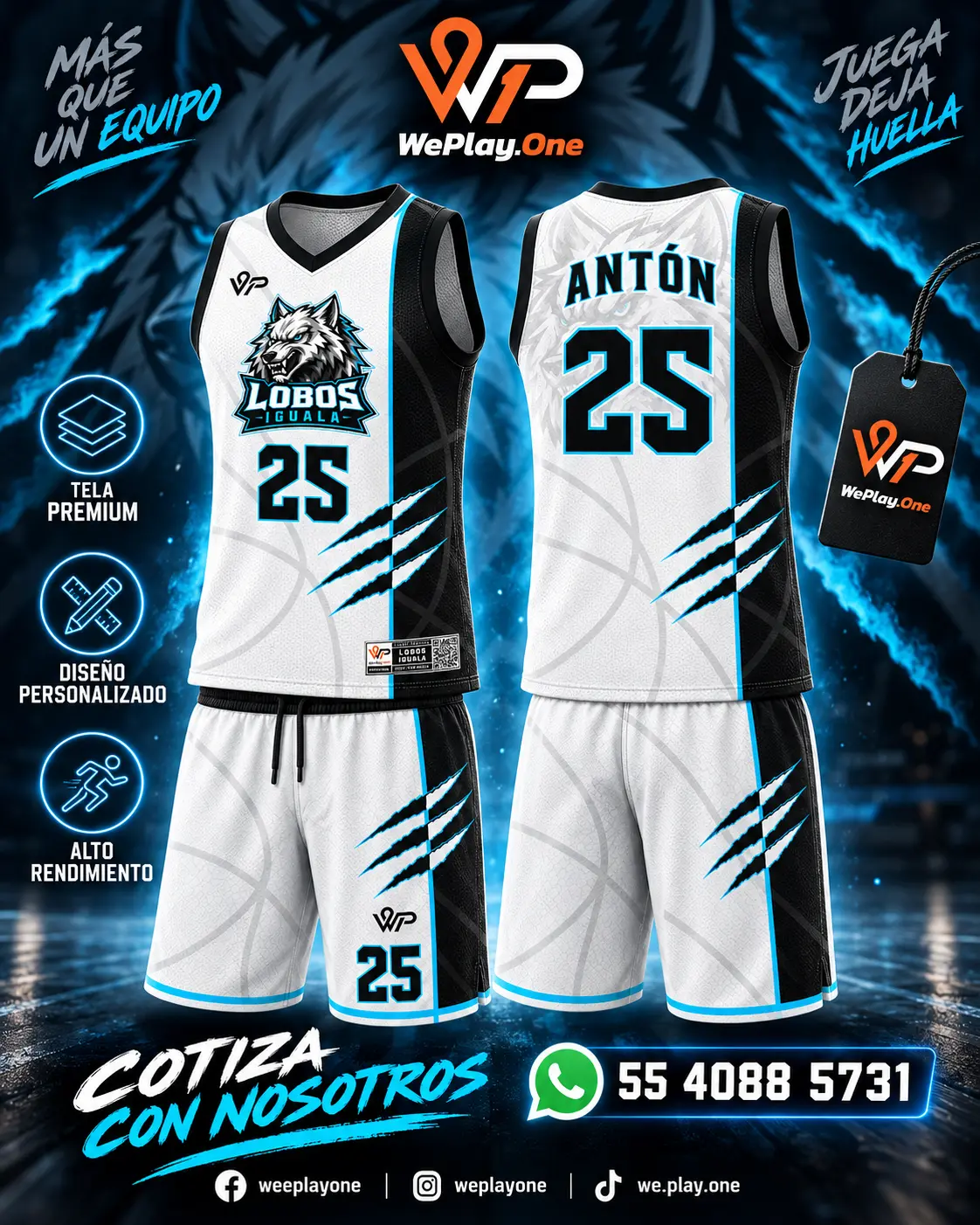Mockup del uniforme Lobos Iguala - Blanco y negro de básquetbol