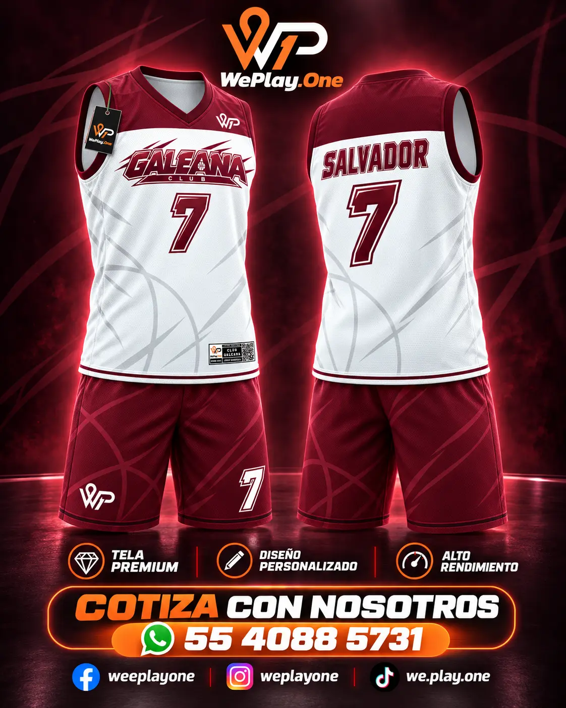 Mockup del uniforme Club Galeana - Blanco y guinda de básquetbol